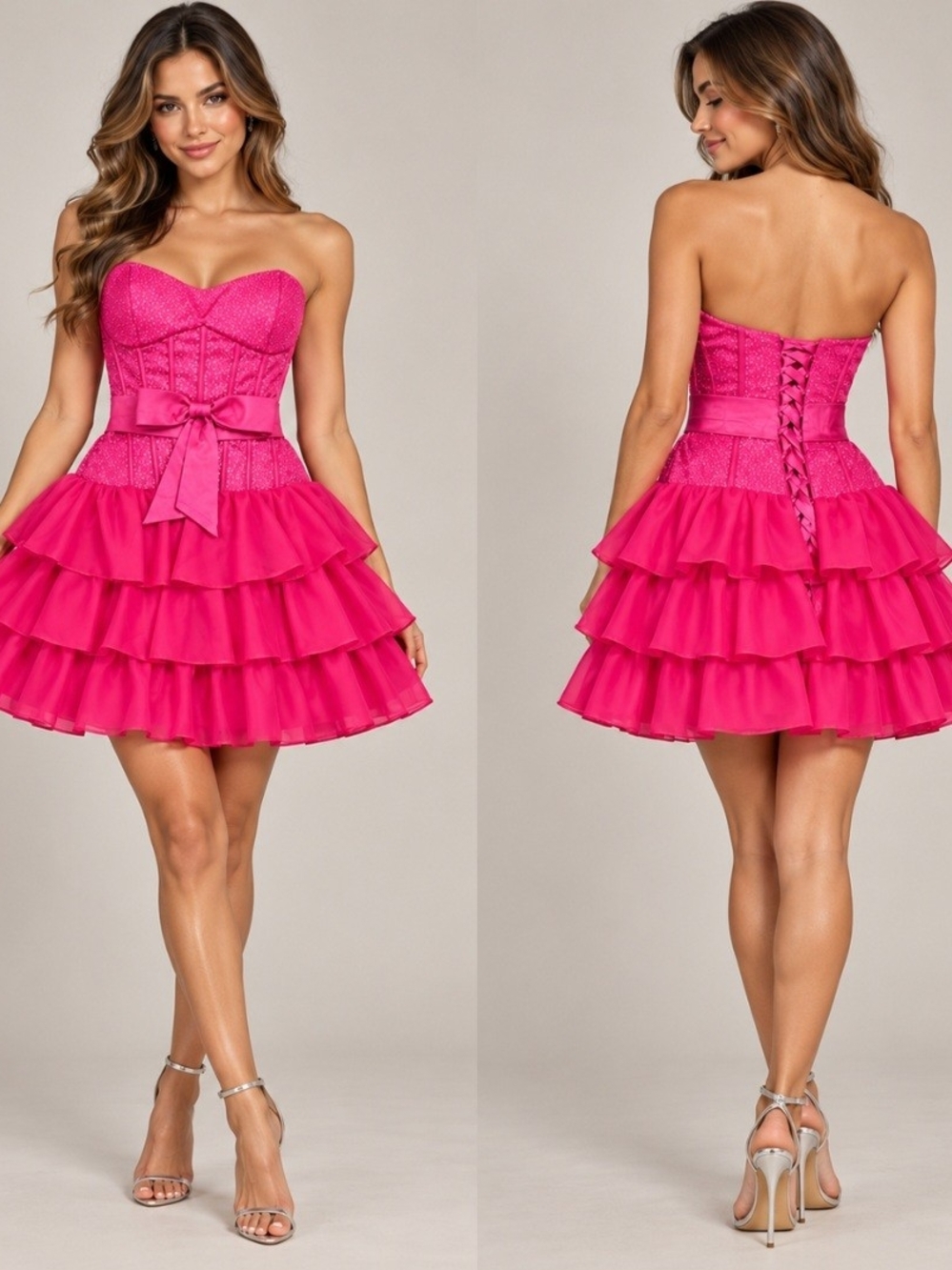 Hot Pink HoCo Short Mini Dress Bow Corset XS 2 HoCo Prom Homecoming Strapless